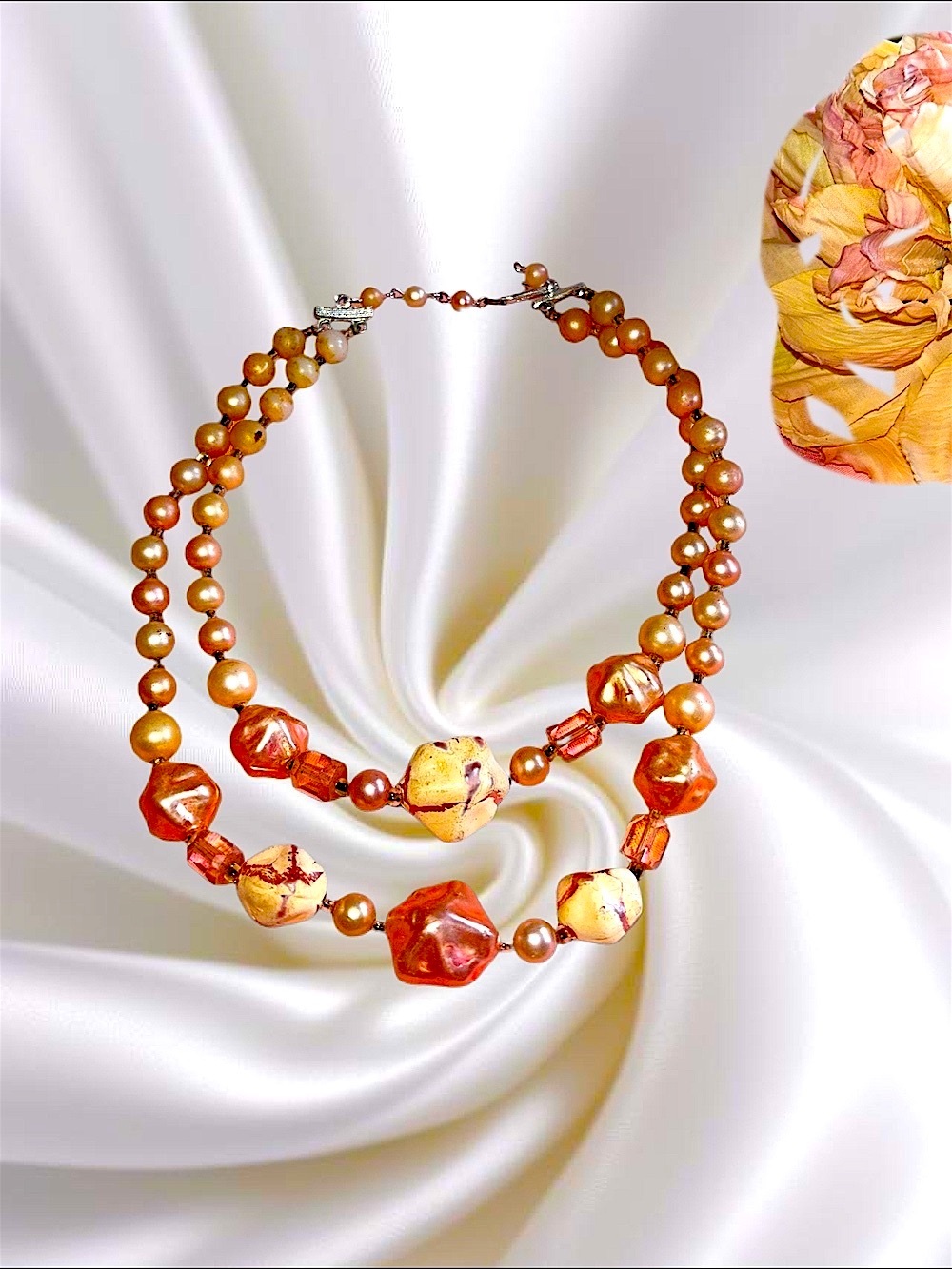 Vintage Pink-Peach & Cream Double Strand Necklace